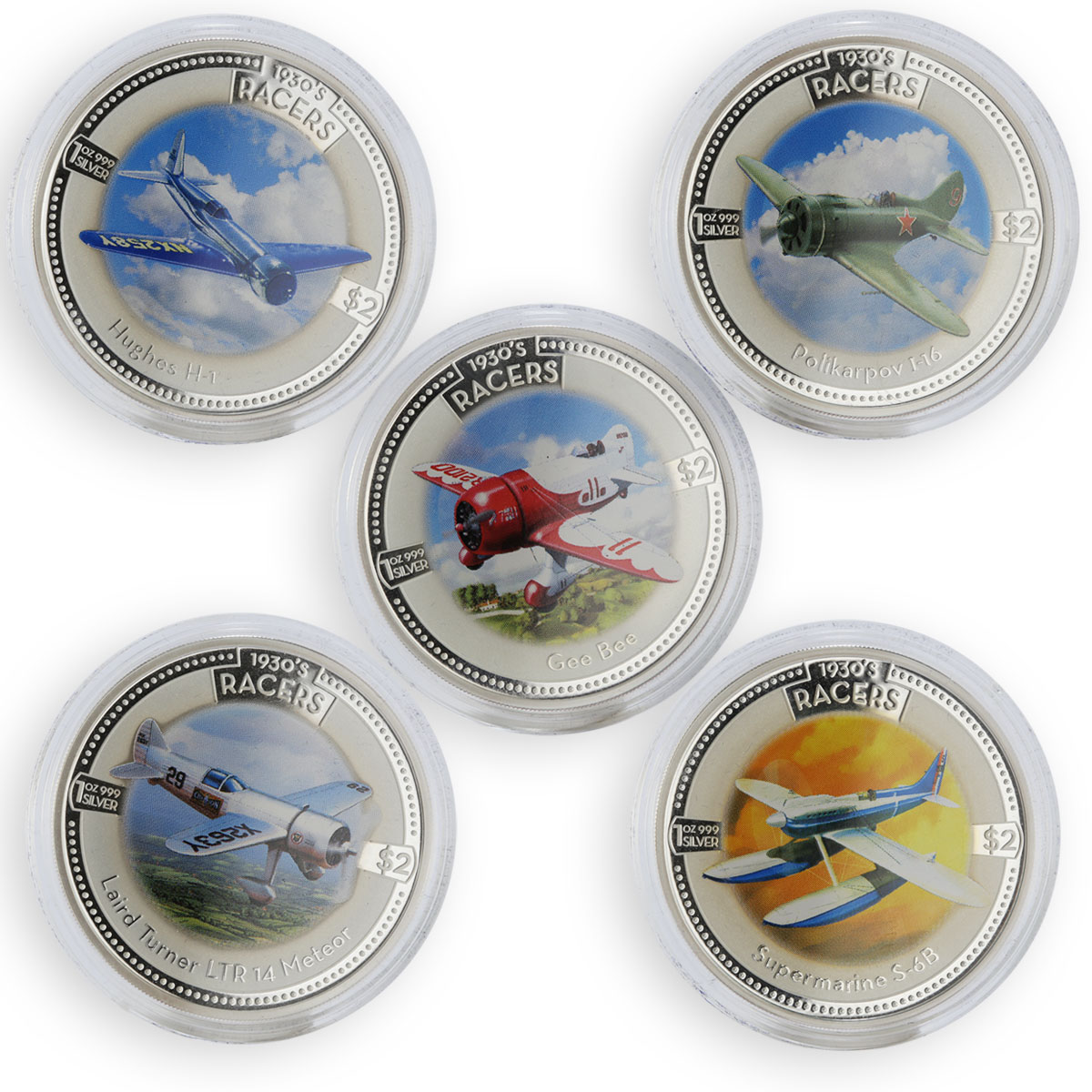 Cook Islands 2 dollars set of 5 coins Speed Jets 1930's Racers silver coin 2006