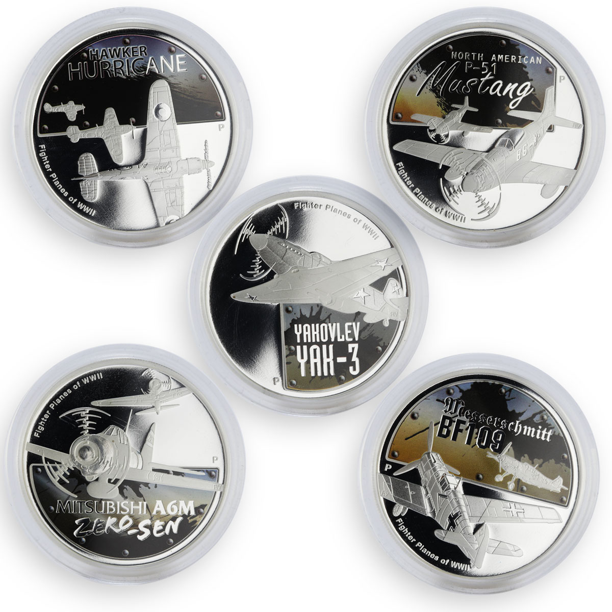 Tuvalu set of 5 coins Fighter Planes of WWII colored proof silver coin 2008