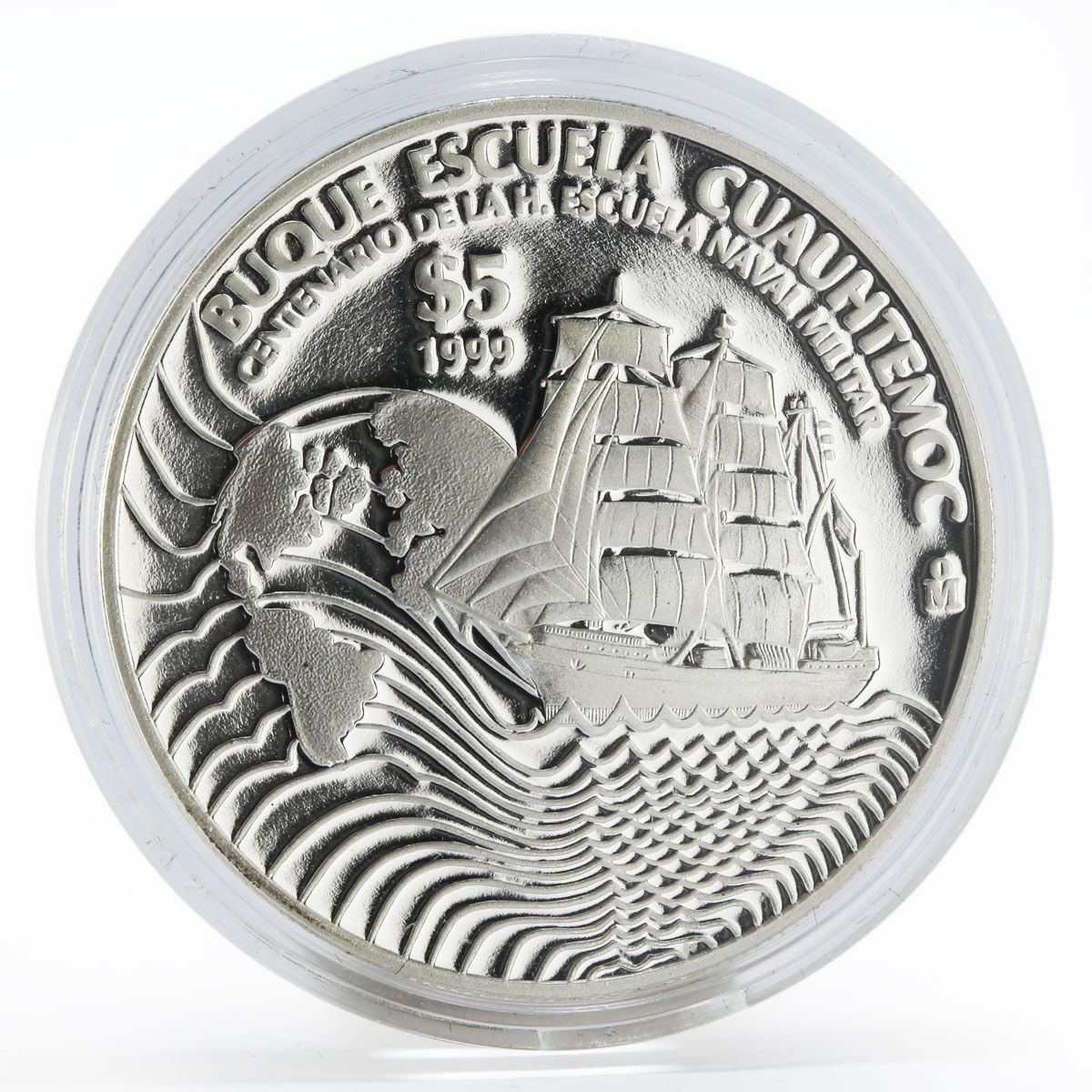 Mexico 5 pesos Naval training ship Cuauhtemoc proof silver coin 1999