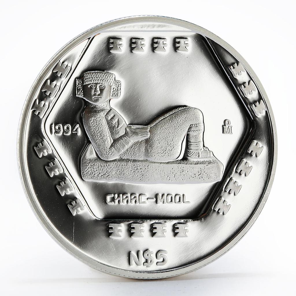 Mexico 5 pesos Precolombina Chaac Mool Statue Sculpture proof silver coin 1994