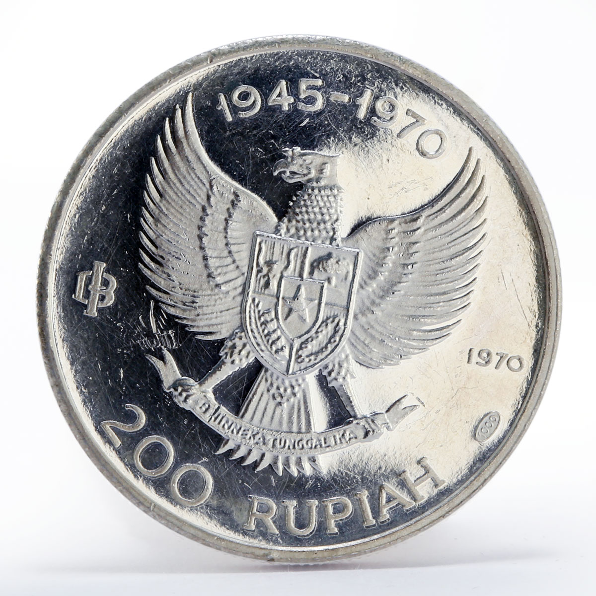 Indonesia 200 rupiah 25th Anniversary Independence Great Bird proof silver 1970