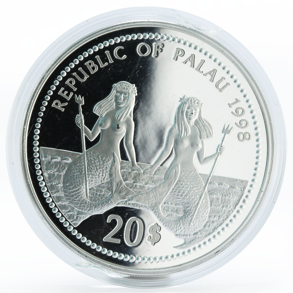 Palau 20 dollars Marine Life Bottle-Nose Dolphin colored proof silver coin 1998