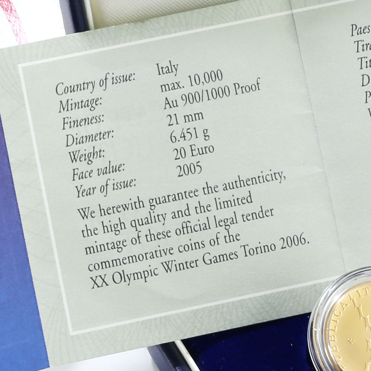 Italy 20 euro XX Olympic Winter Games Torino 2006 Sport gold coin 2005