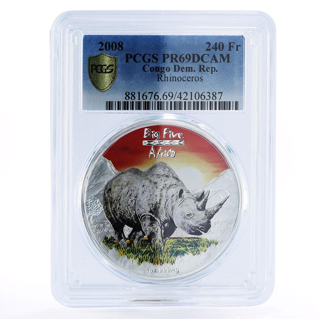 Congo 240 francs African Wildlife series Rhinoceros PR69 PCGS silver coin 2008