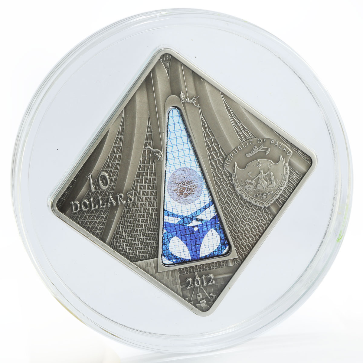 Palau 10 dollars Cathedral de Brasilia colored window antique silver coin 2012
