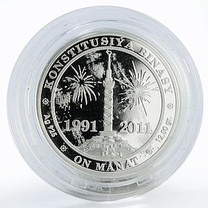 Turkmenistan 10 manat 20 years of Independence Monument proof silver coin 2011