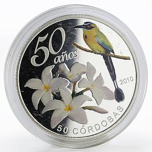 Nicaragua 50 cordobas Bird and Flower nature colored proof silver coin 2010