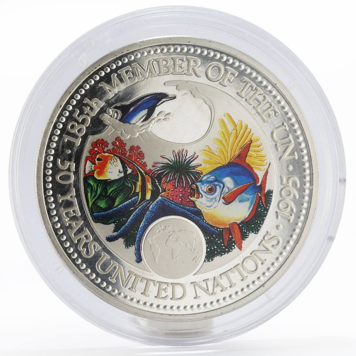 Palau 20 dollars 50th Anniversary United Nations fish colored proof silver 1995