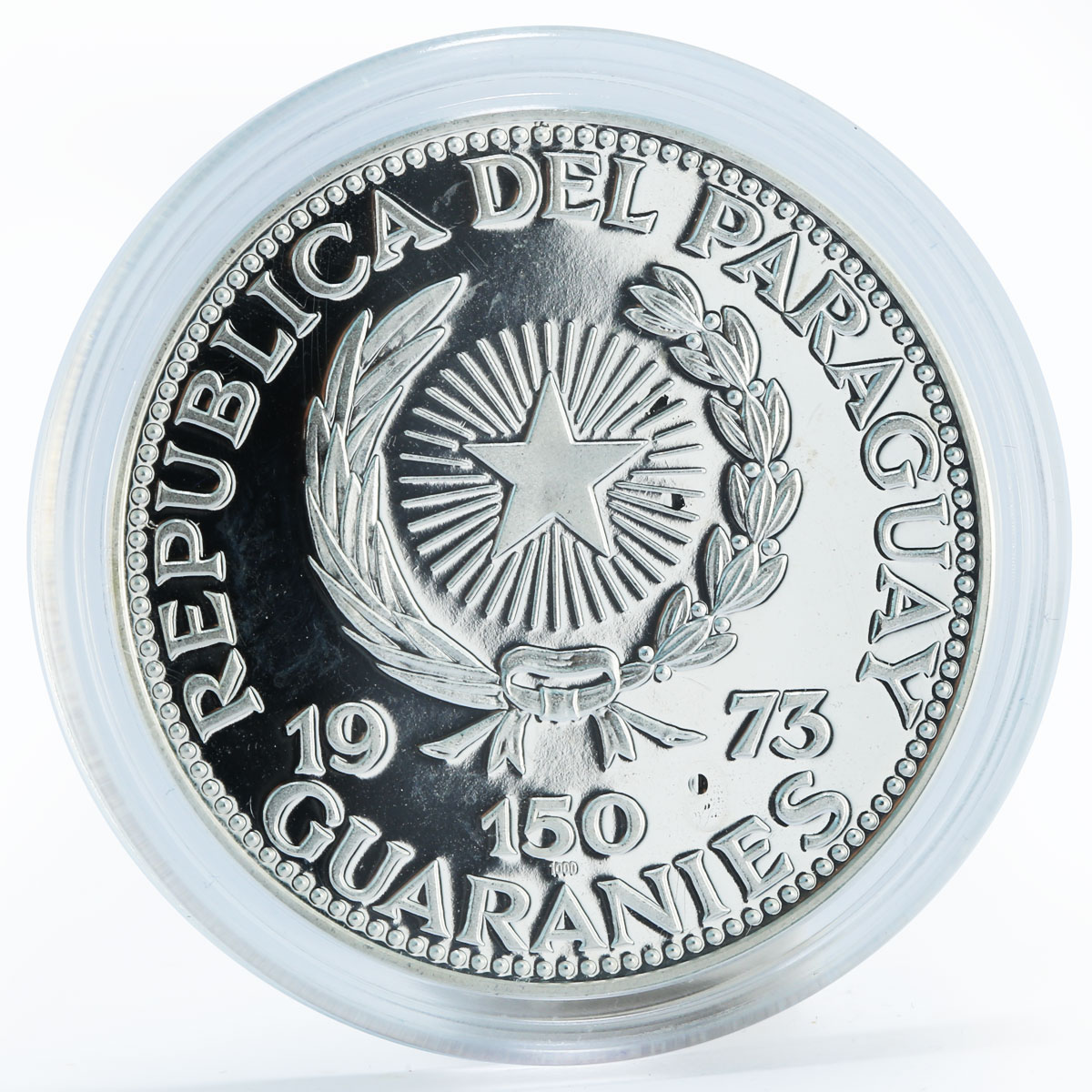 Paraguay 150 guaranies Veracruz Culture Sculpture proof silver coin 1973