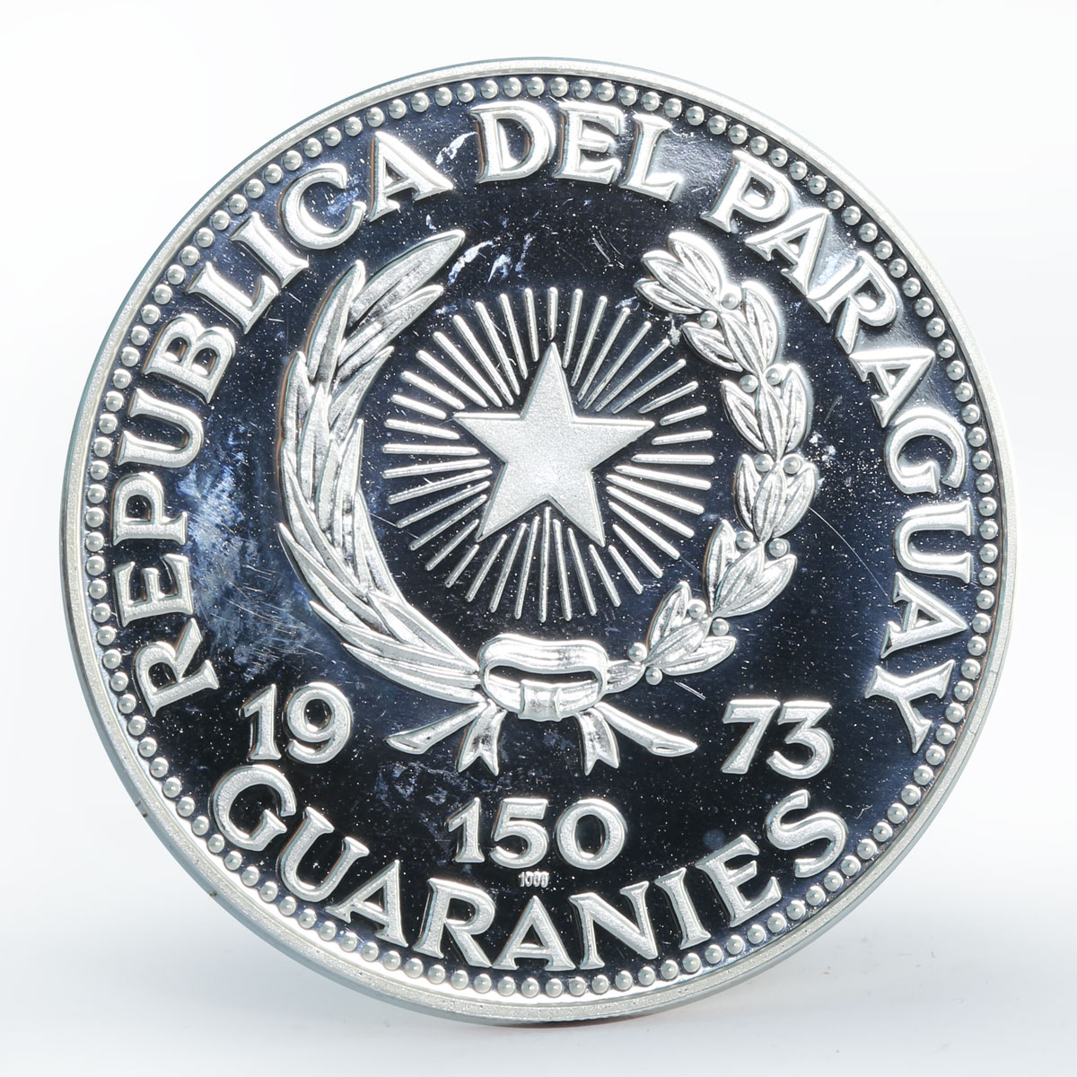 Paraguay 150 guaranies Veracruz Culture Sculpture proof silver coin 1973