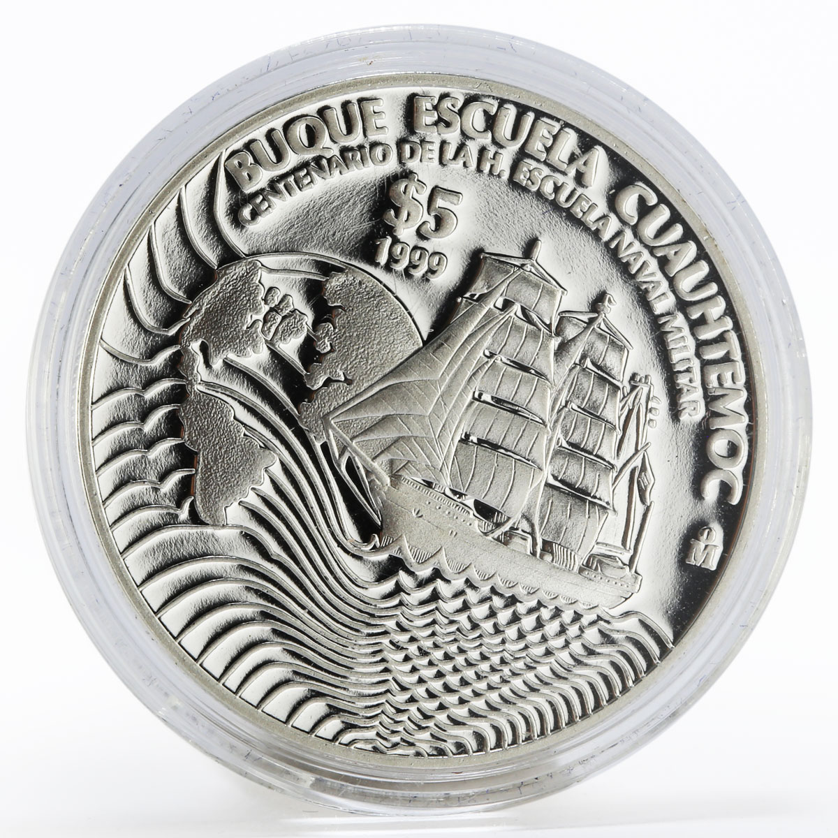 Mexico 5 pesos Naval training ship Cuauhtemoc proof silver coin 1999