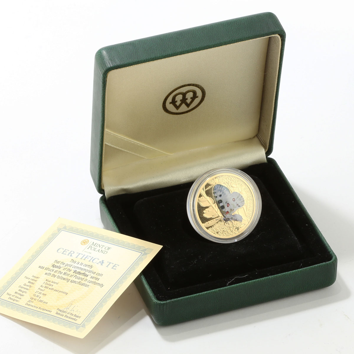Niue 5 dollars Parnassius Apollo Butterfly colour gold coin 2011 Box and CoA