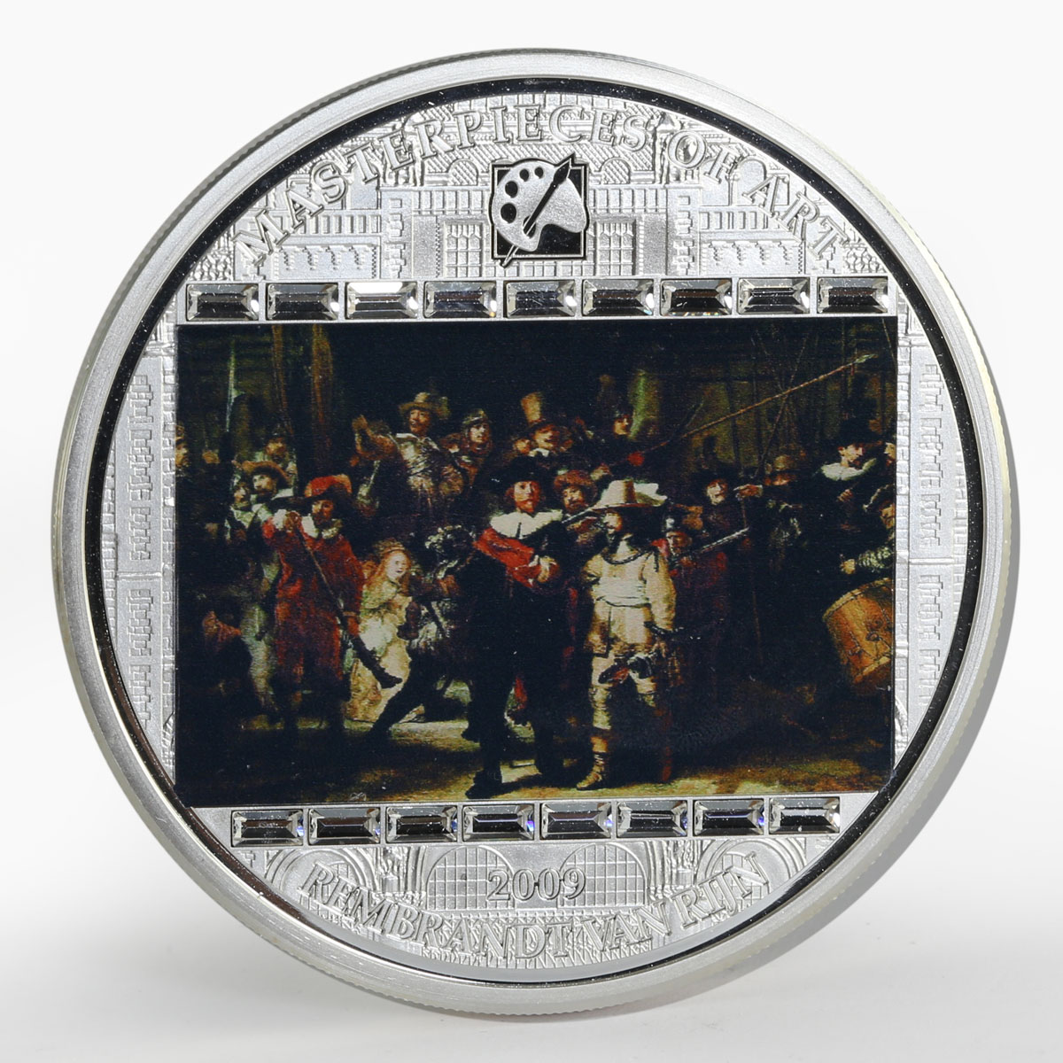 Cook Islands 20 dollars Rembrandt Art Nightwatch swarowski colored silver 2009