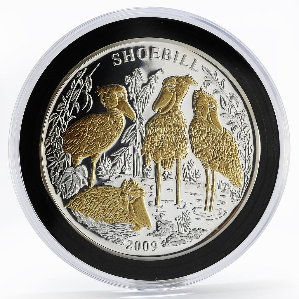 Rwanda 1000 francs Shoebill bird animal diamonds gilded proof silver coin 2009