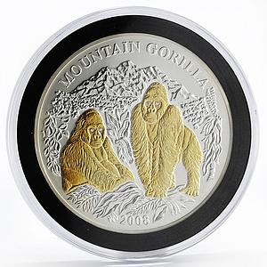 Rwanda 1000 francs Mountain Gorilla animal crystal gilded proof silver coin 2008