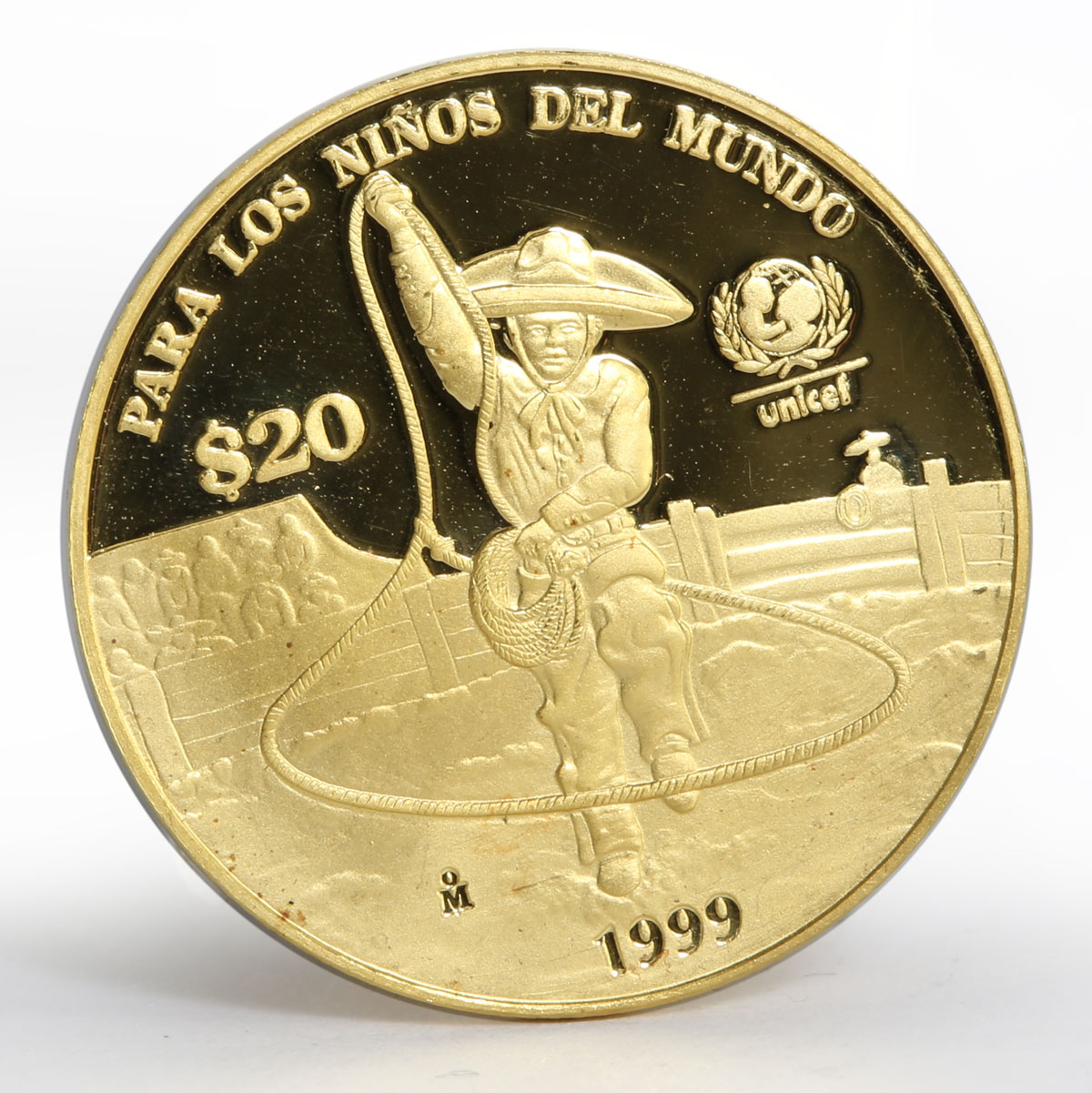 Mexico 20 pesos UNICEF Charrito cowboy child proof gold coin 1999