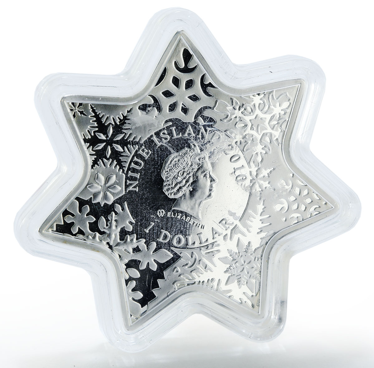 Niue 1 dollar Christmas Star Shaped silver coin with zircons 2010