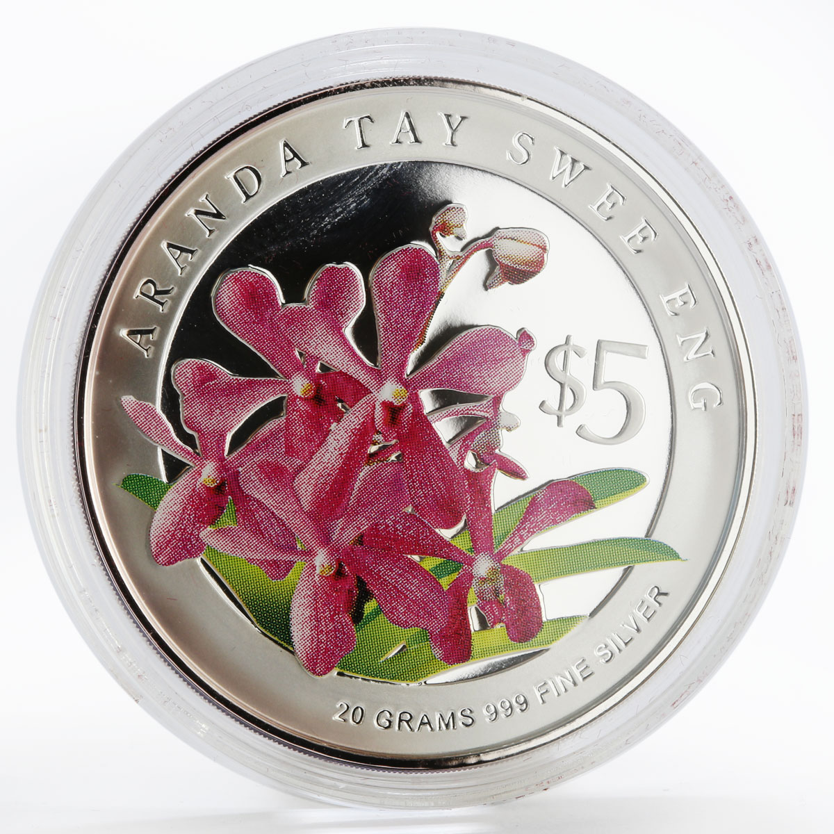 Singapore set of 2 coins 5 dollars Orchids flora silver coloured coin 2008