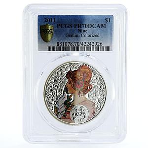 Niue 1 $ Alphonse Mucha Zodiac Series Gemini PR70 PCGS color silver coin 2011