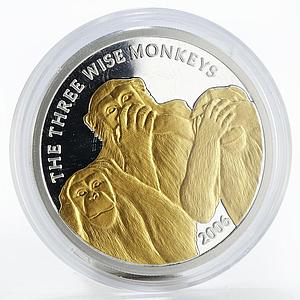 Somali 4000 shillings Three Wise Monkeys Animals proof gilded silver coin 2006