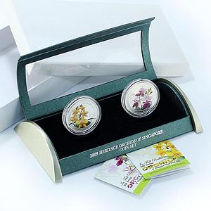 Singapore set of 2 coins Orchids Flowers Flora colored silver coins 2009