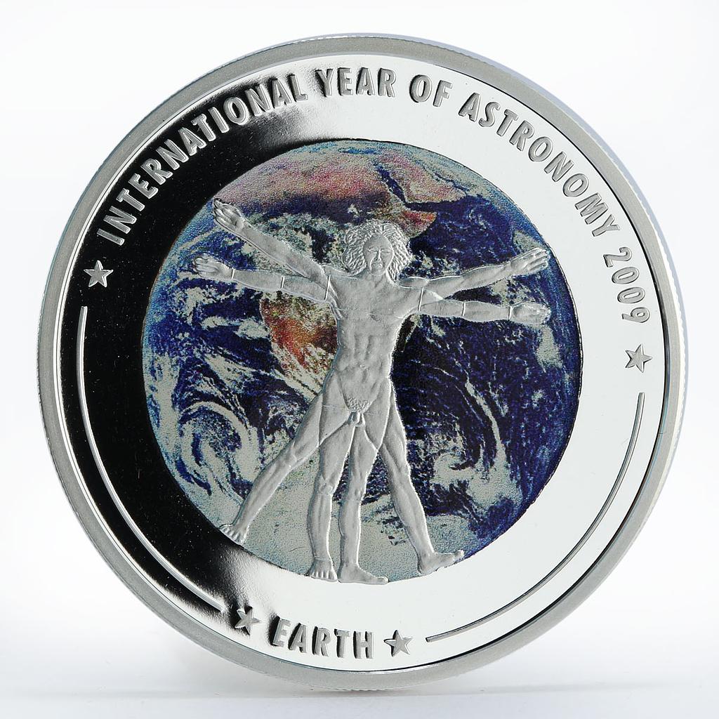 Cook Island 5 dollars Year of Astronomy Earth planet colored silver coin 2009