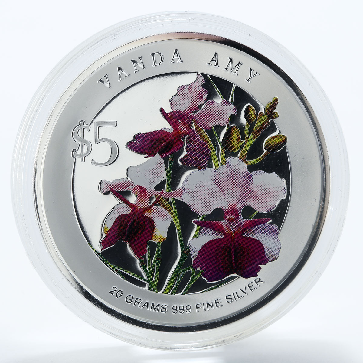 Singapore set of 2 coins 5 dollars Orchids flora silver coloured coin 2009