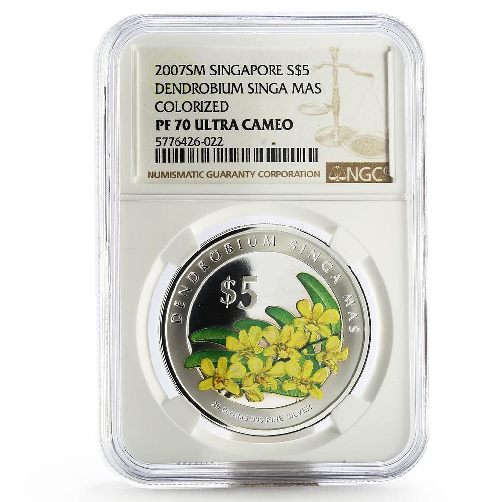 Singapore $5 Orchid Flowers Dendrobium Singa Mas PF70 NGC silver coin 2007