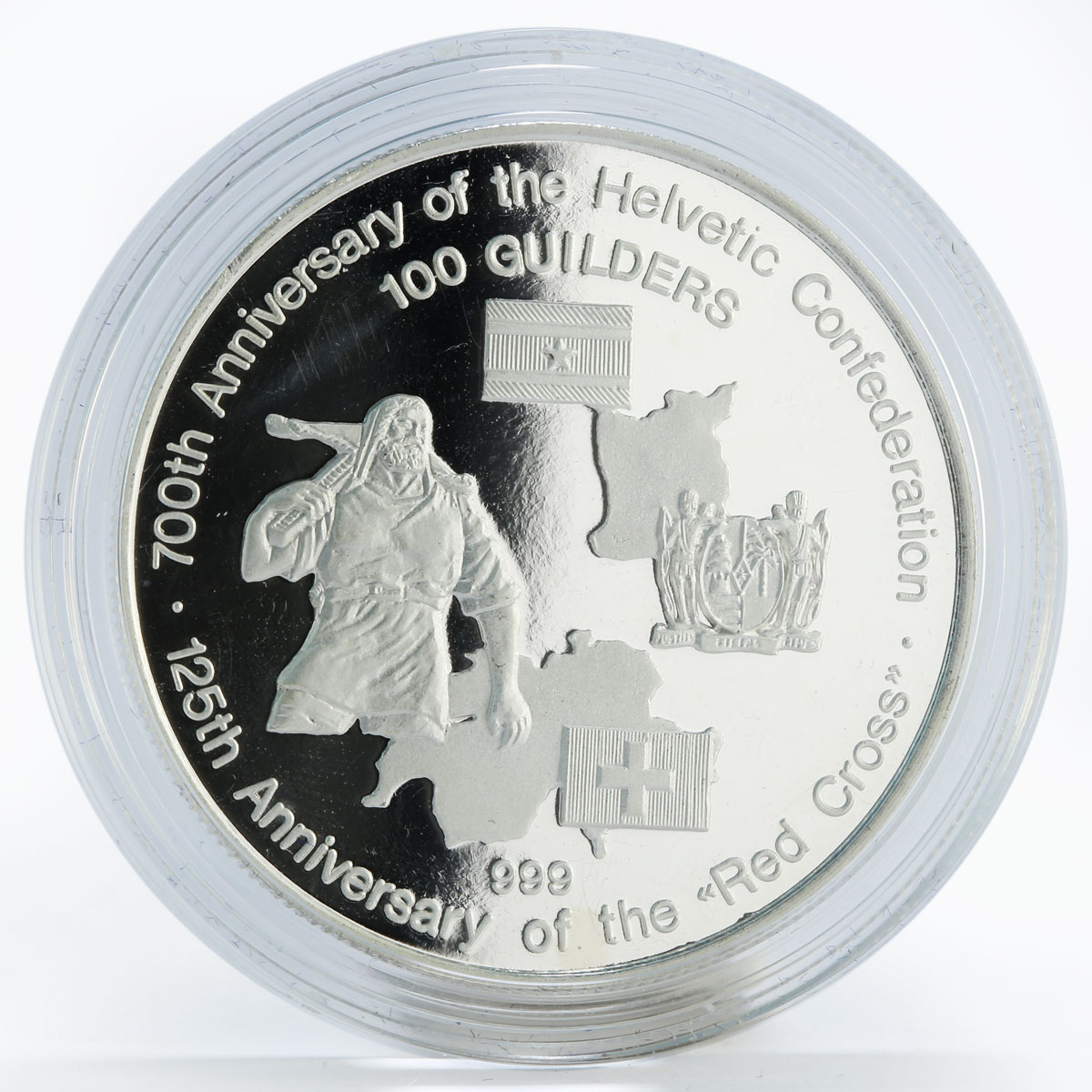 Suriname 100 guilders 125th Anniversary Red Cross proof silver coin 1991