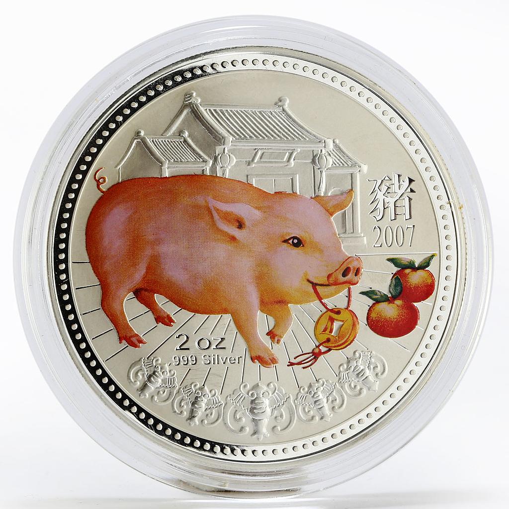 Niue 2 dollars Year of the Pig Chinese Calendar colored silver coin 2007