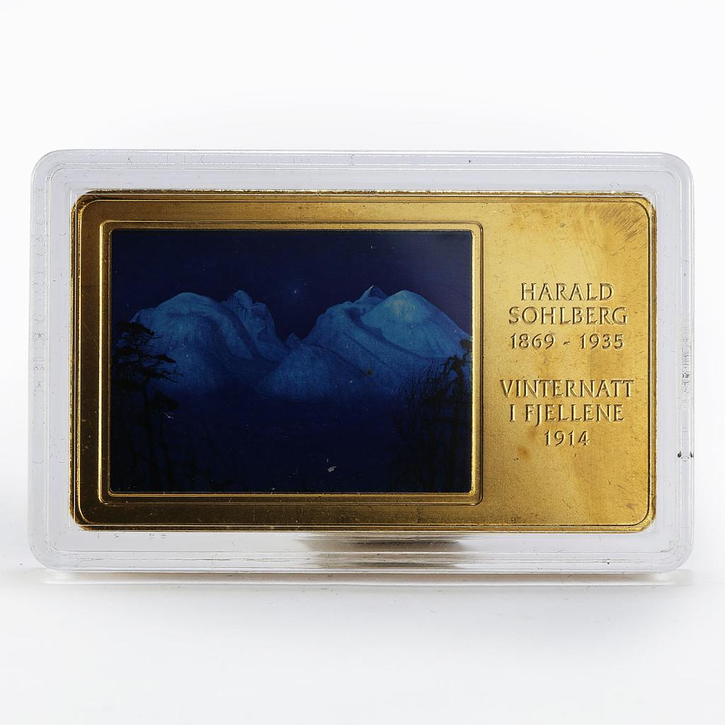 Niue 2 dollars Winter Night Mountain Harald Sohlberg brass coin 2016