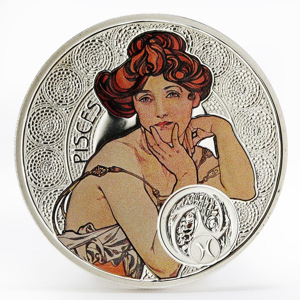 Niue 1 dollar Zodiac Pisces Alphonse Mucha silver colored proof coin 2011