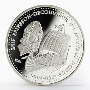 Benin 1000 francs Leif Ericson New World Explorer Ship proof silver coin 2001