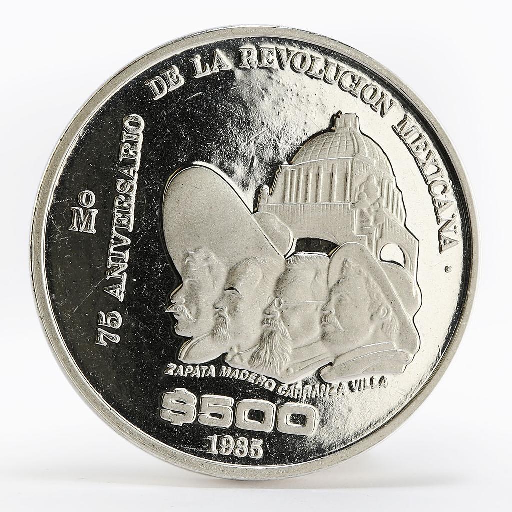 Mexico 500 pesos 75th Anniversary of 1910 Revolution proof silver coin 1985