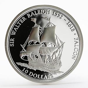 Fiji 10 dollars Falcon Sir Walter Raleigh Sailing Ship proof silver coin 2004