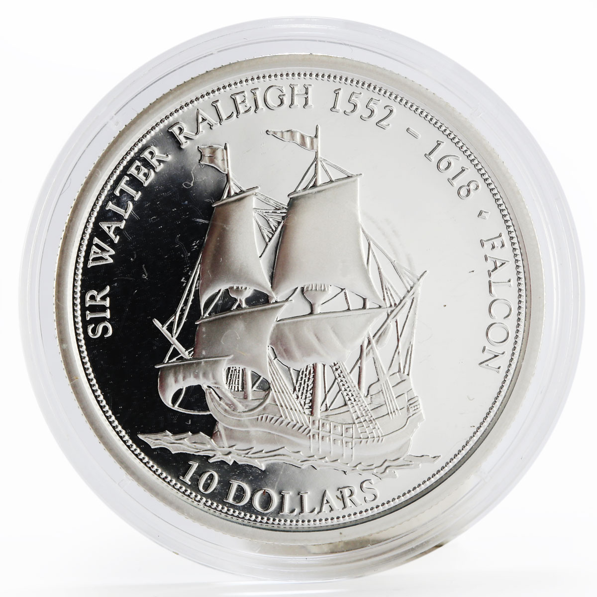 Fiji 10 dollars Sailing ship Falcon Sir Walter Raleigh proof silver coin 2004