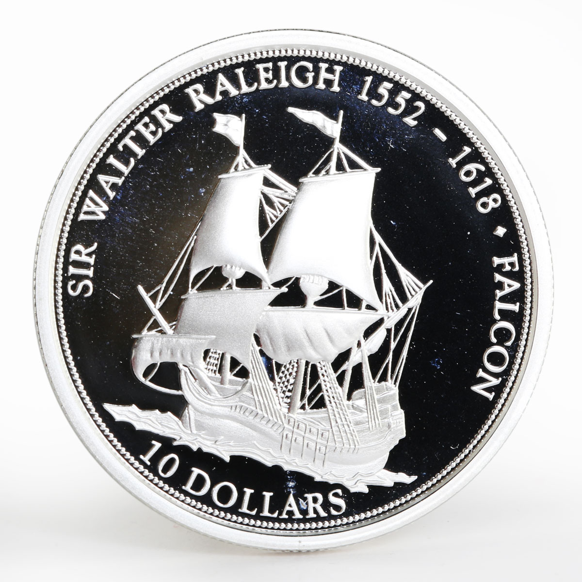 Fiji 10 dollars Sailing ship Falcon Sir Walter Raleigh proof silver coin 2004