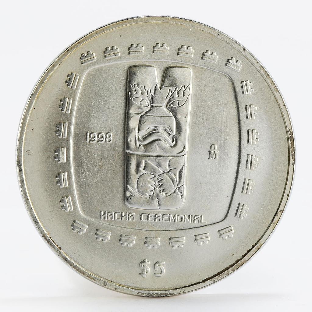 Mexico 5 pesos Hacha Ceremonial Statue silver coin 1998