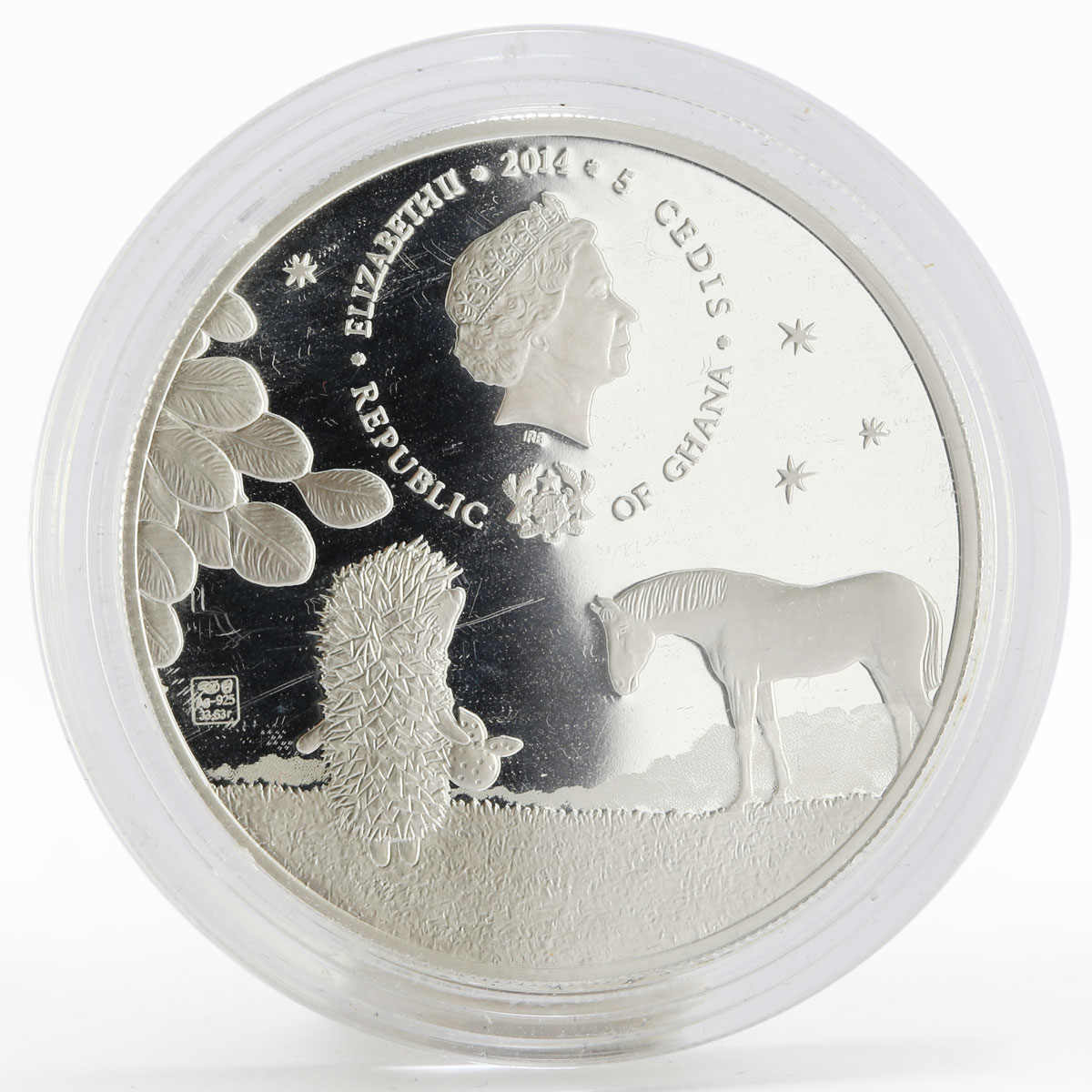 Ghana 5 cedis Hedgehog and Horse tale colored proof silver coin 2014