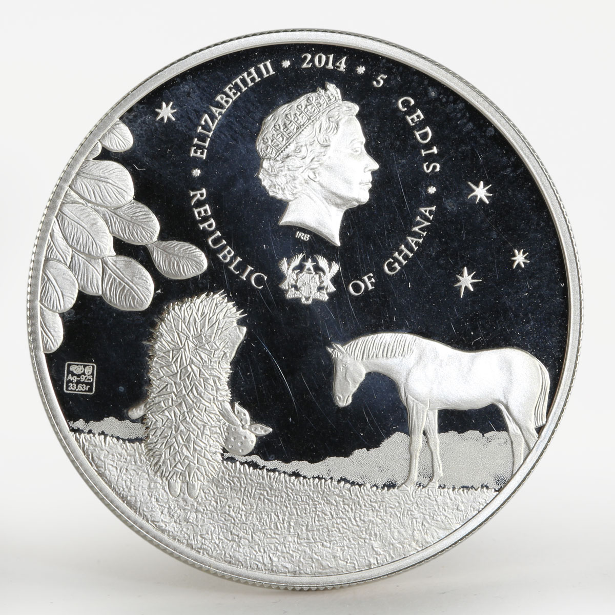 Ghana 5 cedis Hedgehog and Horse tale colored proof silver coin 2014