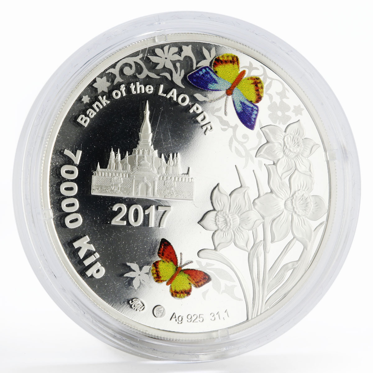 Laos 70000 kip Spring Mood Flowers butterflies colored proof silver coin 2017