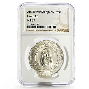 Ajman 7 1/2 riyals Wildlife Gazelle MS67 NGC silver coin 1970