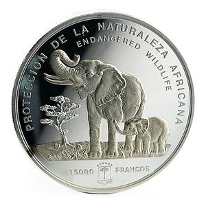 Equatorial Guinea 15000 francs Wildlife Map Elephant mother and calf silver 1992