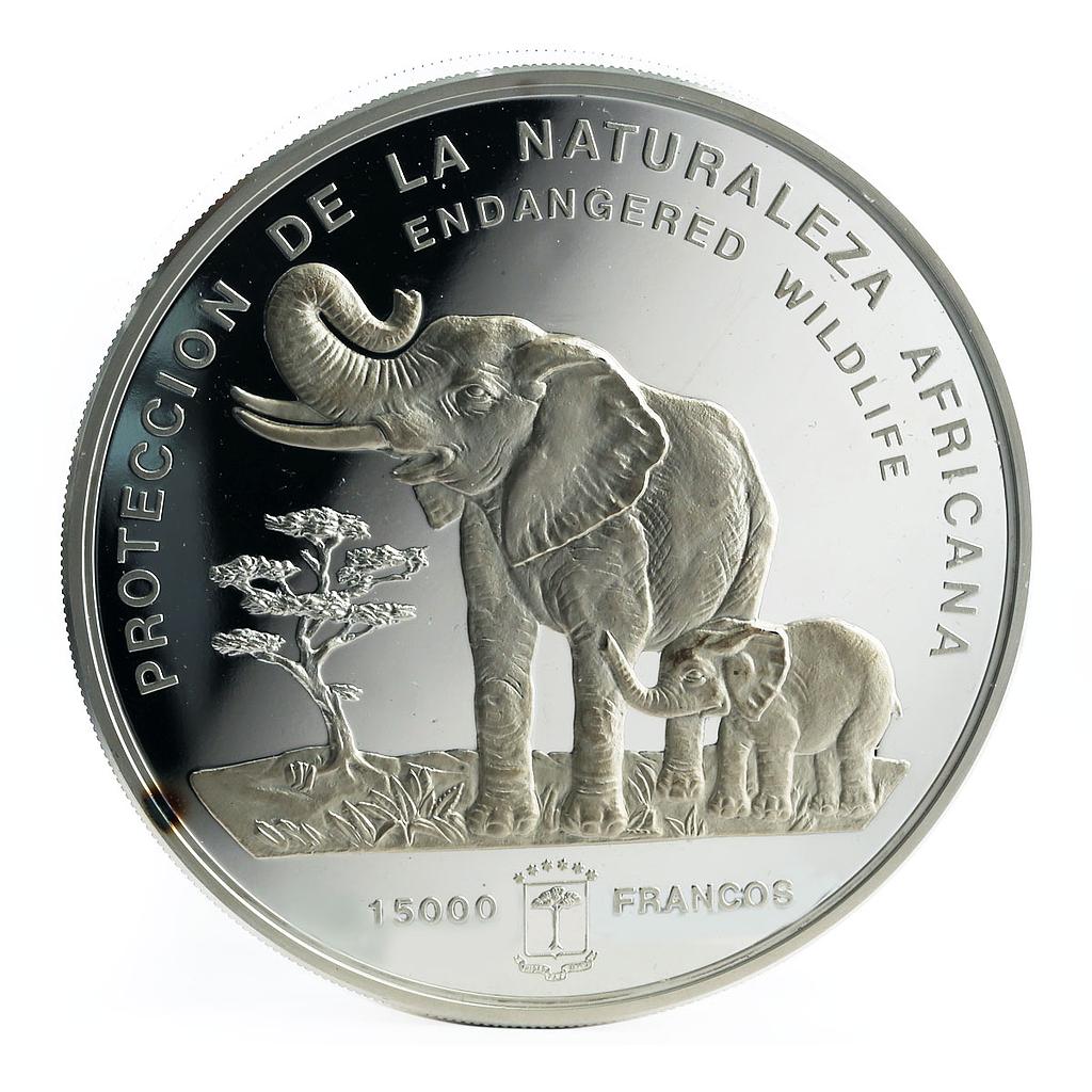 Equatorial Guinea 15000 francs Wildlife Map Elephant mother and calf silver 1992