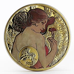 Niue 1 dollar Alphonse Mucha Zodiac Series Aquarius gilded silver coin 2010