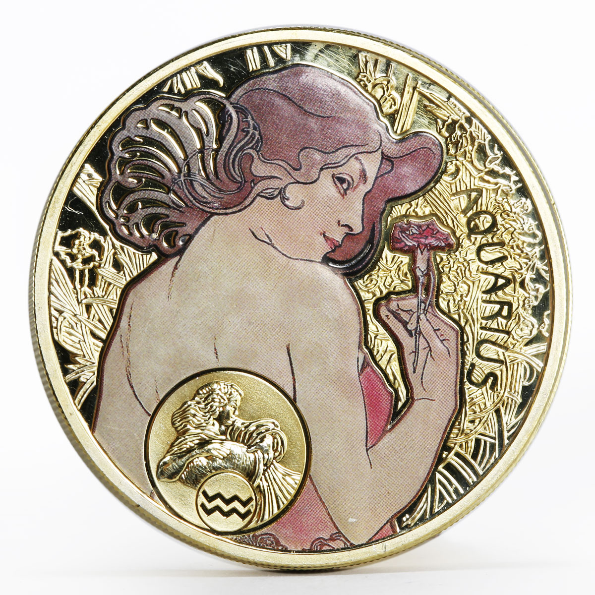 Niue 1 dollar A. Mucha Zodiac Series Aquarius gilded silver coin 2010