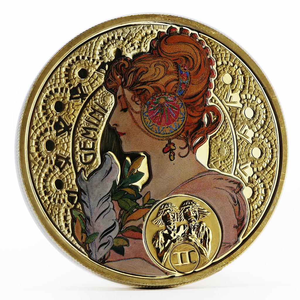 Niue 1 dollar Alphonse Mucha Zodiac Series Gemini gilded silver coin 2011