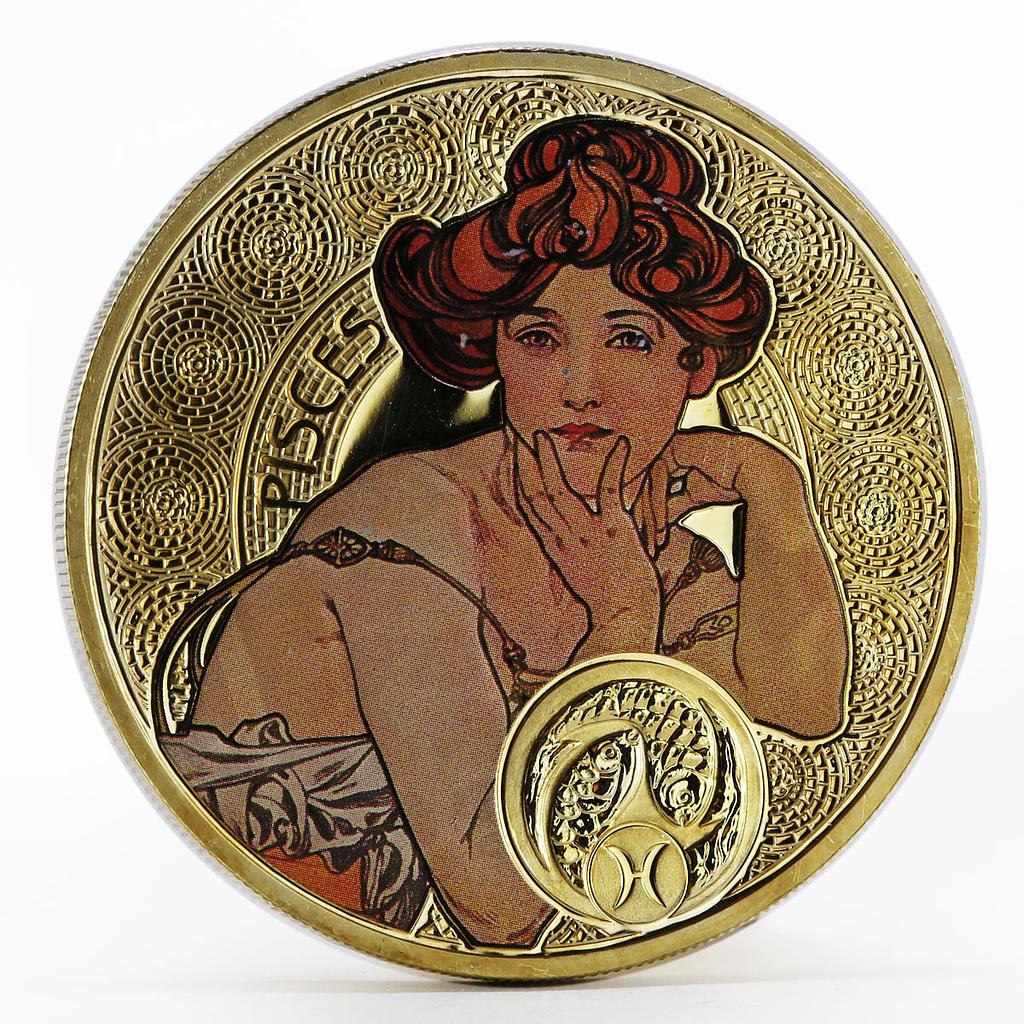 Niue 1 dollar Alphonse Mucha Zodiac Series Pisces gilded silver coin 2011