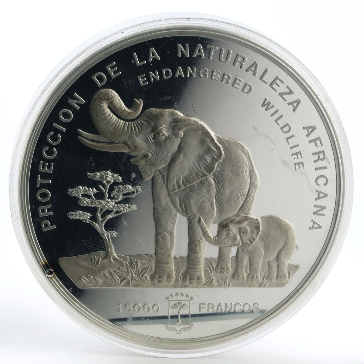 Equatorial Guinea 15000 francs Wildlife Map Elephant mother and calf silver 1992