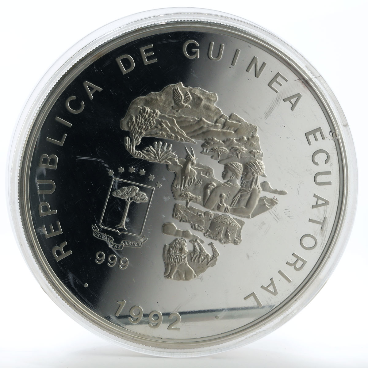 Equatorial Guinea 15000 francs Wildlife Map Elephant mother and calf silver 1992